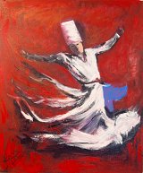 The image depicts a dynamic and expressive painting of a Sufi whirling dervish in motion. The dervish is dressed in traditional attire, characterized by a long white gown and a tall, cylindrical hat. The background is a vibrant red, which enhances the sense of energy and movement in the scene. The figure is captured mid-spin, arms outstretched, conveying a sense of transcendence and spiritual devotion. The strokes and colors used in the painting express a fluidity that mirrors the dance's rhythm and grace.