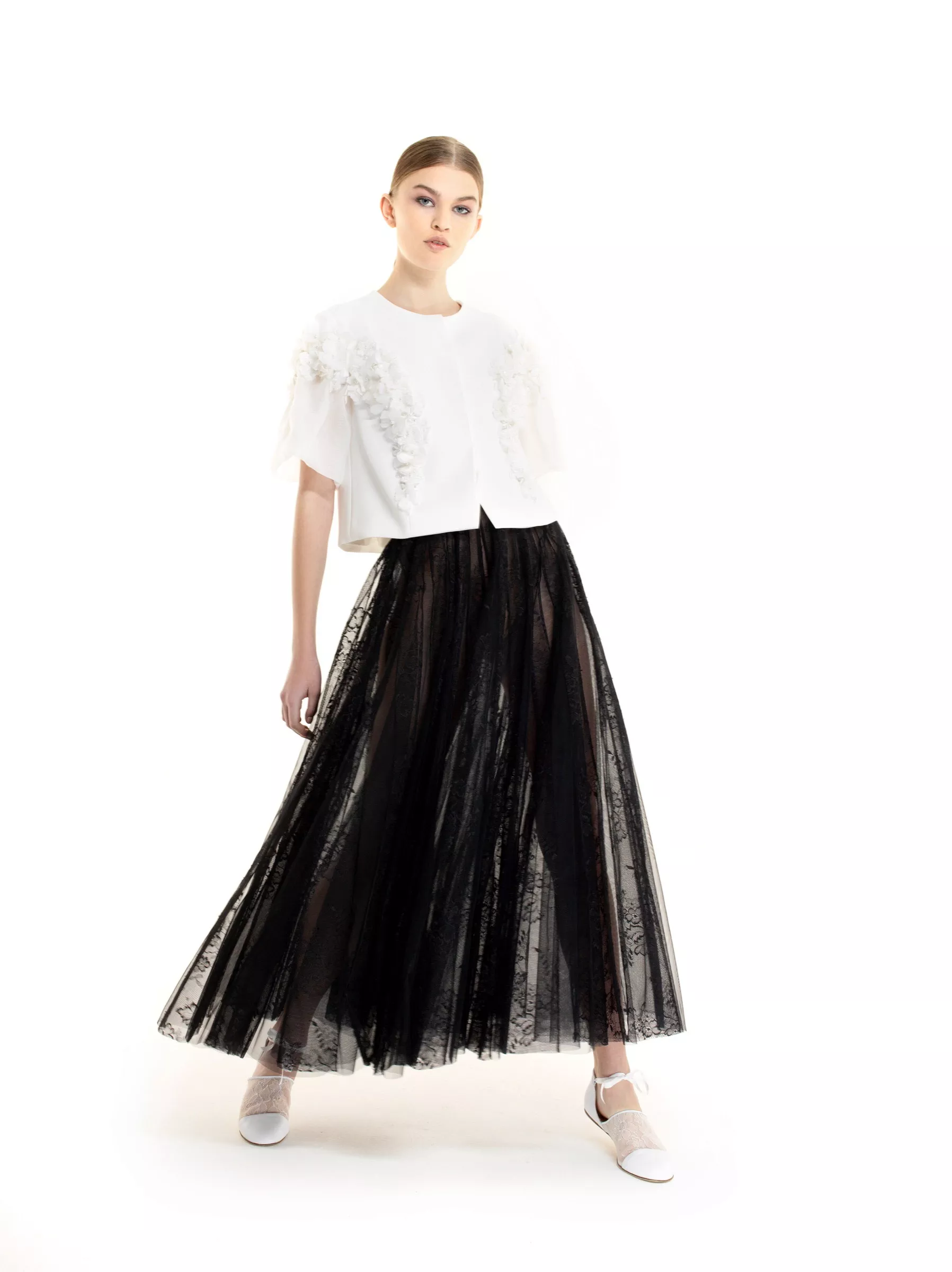 Mid-Length Pleated Skirt Black Plumetis Tulle