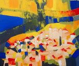 The image depicts an abstract landscape using bold colors and geometric shapes. There are vibrant sections of yellow, blue, orange, and red, creating a sense of movement and energy. The composition suggests a village or town nestled within rolling hills, with clusters of white and colored squares representing buildings. The background features large patches of color, likely representing the sky and fields, contributing to the overall lively and dynamic feel of the artwork.