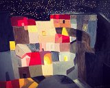 The image depicts a vibrant, abstract landscape of a town at night. The scene is composed of various geometric shapes that represent buildings, primarily in muted tones with splashes of bright colors, especially reds and yellows. The structures are illuminated by warm light from windows, suggesting life within. Above the town, a dark sky is dotted with small, glowing dots, resembling stars. The overall composition conveys a sense of nighttime tranquility and charm, with a playful use of color and form.